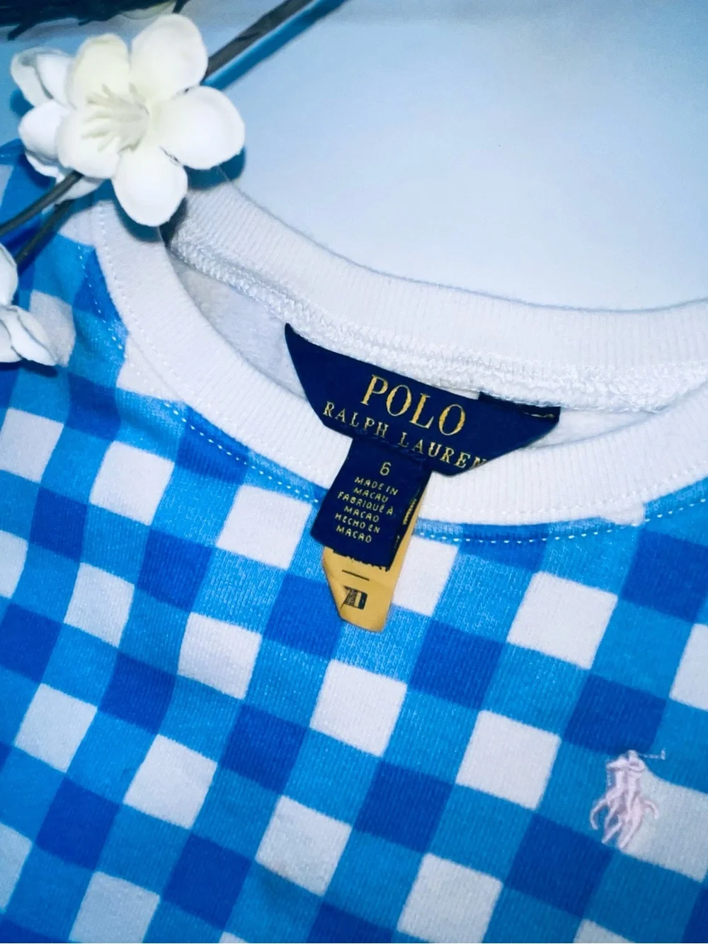Polo by Ralph Lauren Blue & White Gingham Kids Crewneck Sweatshirt
